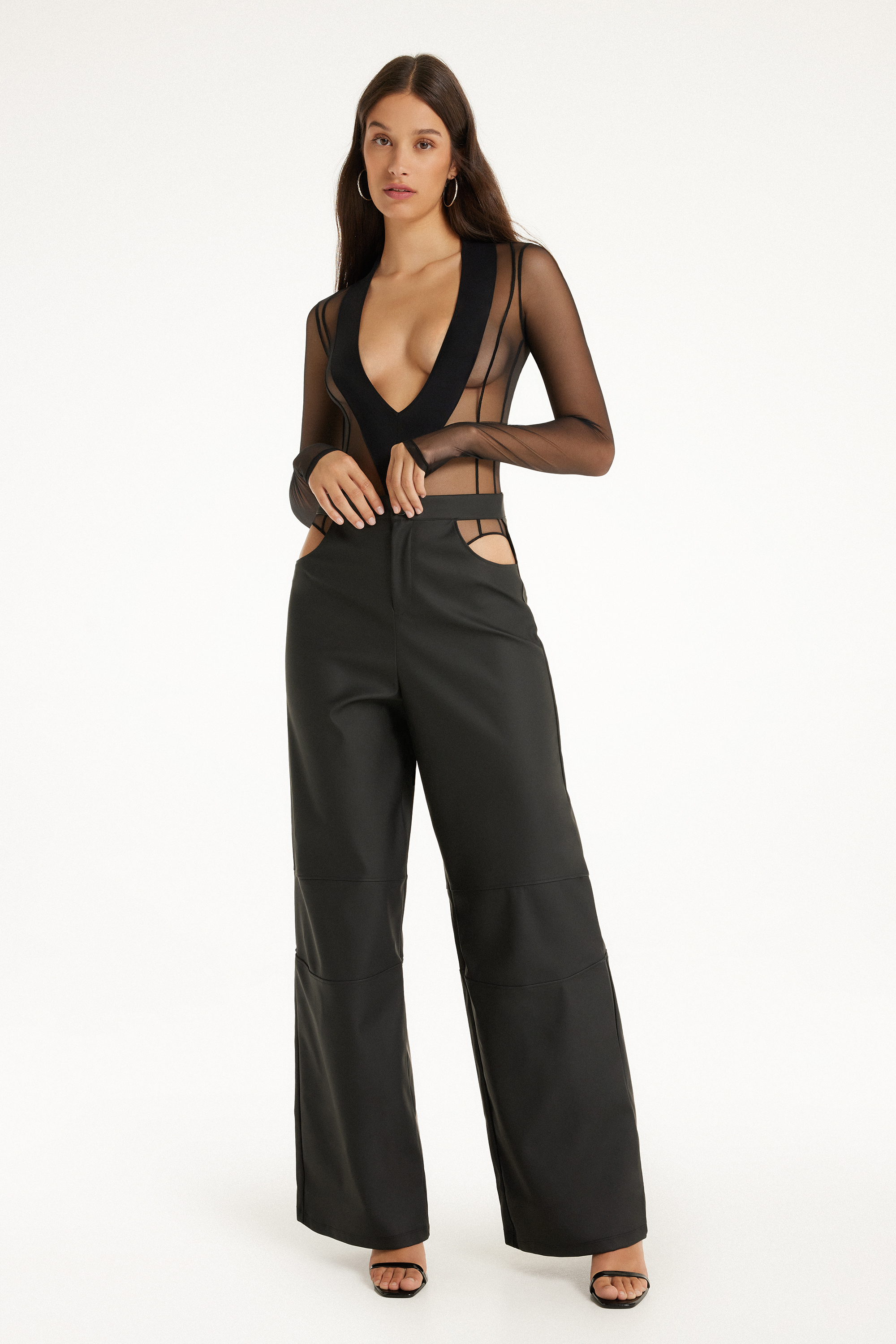 Opaque-Effect Coated Palazzo Trousers with Cut-Outs