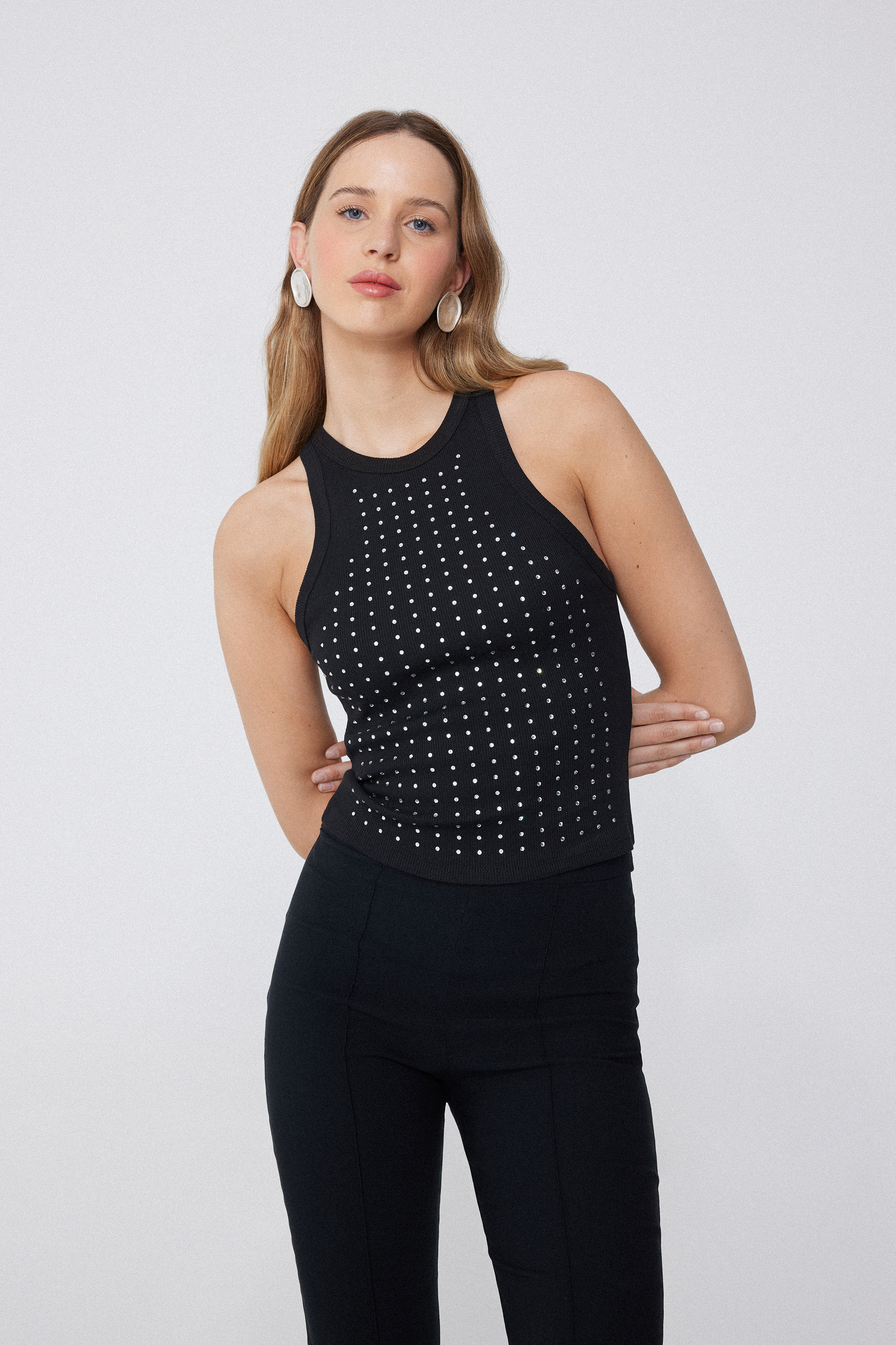 Rhinestone Wide Strap Halter Top