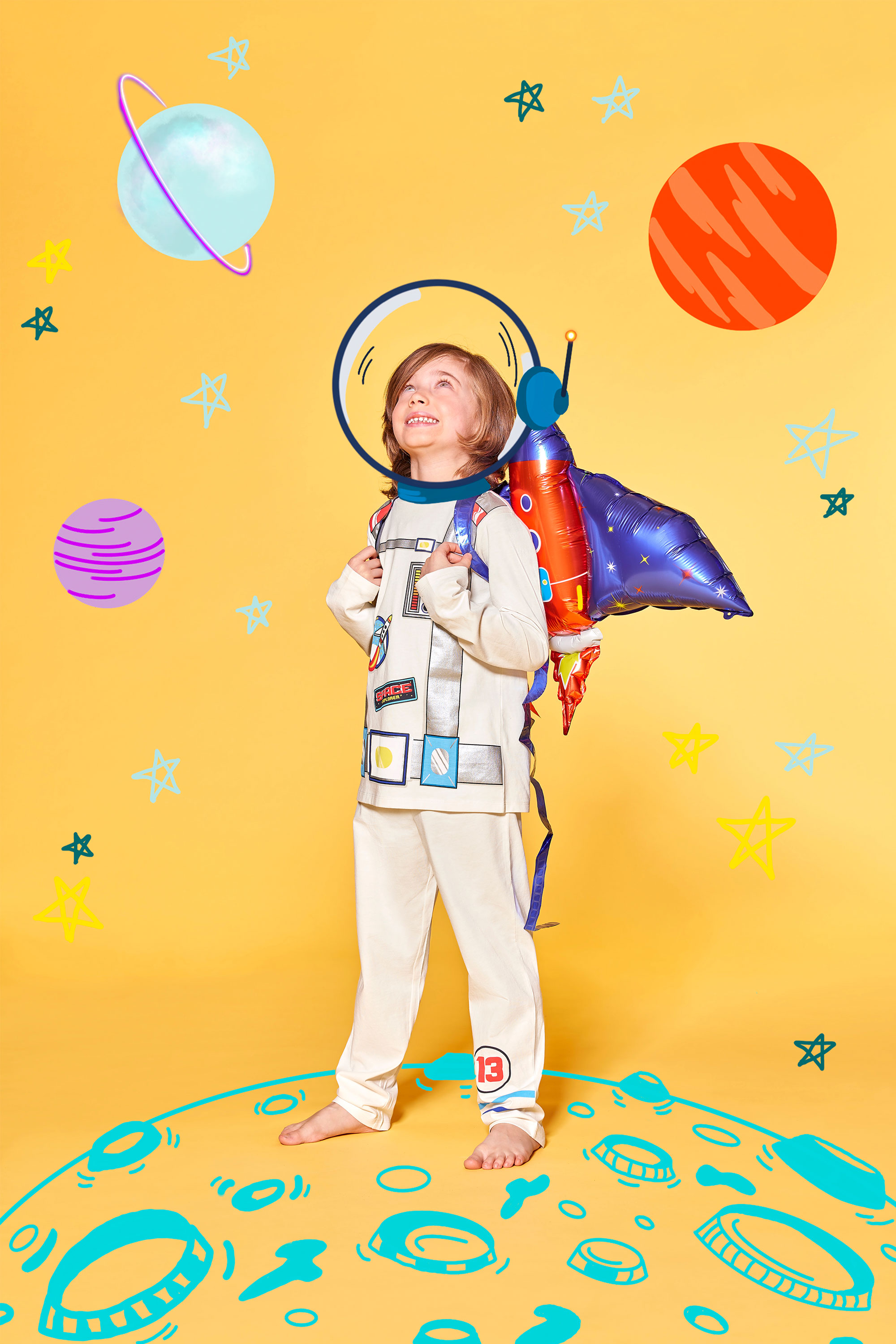 Длинная Детская Пижама из Хлопка с Принтом «Космонавт»