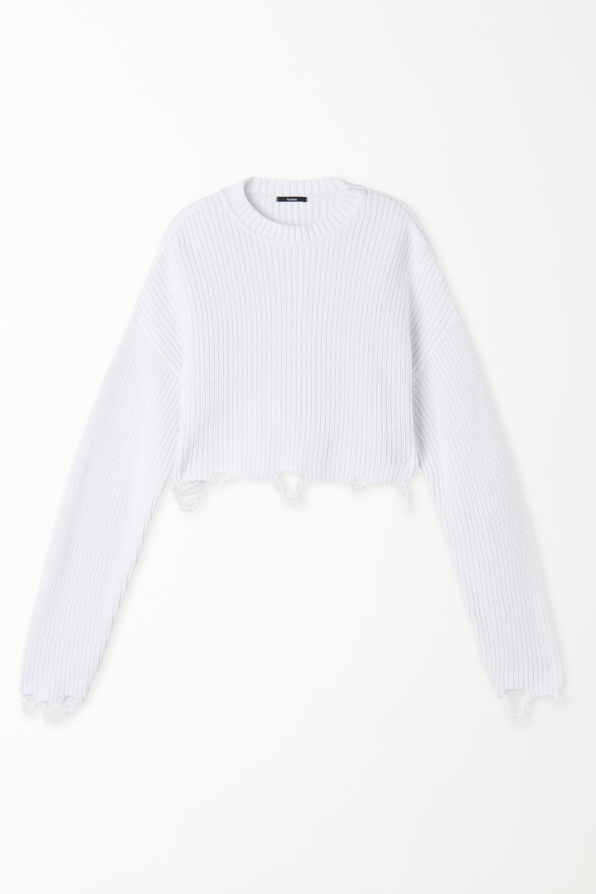Ribbed Long-Sleeved Ripped Crop Top