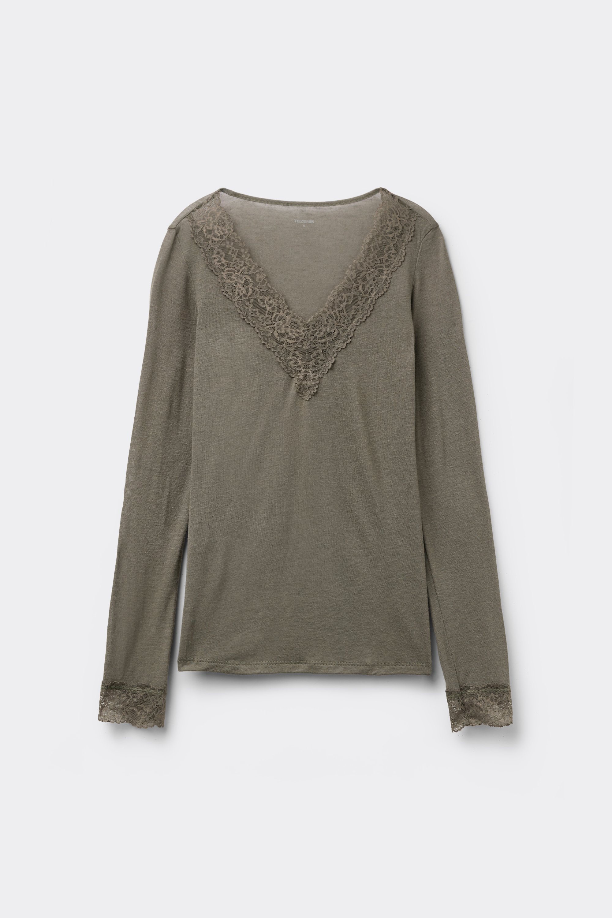 Long-Sleeved Lace/Merino Wool Top with V-Neck