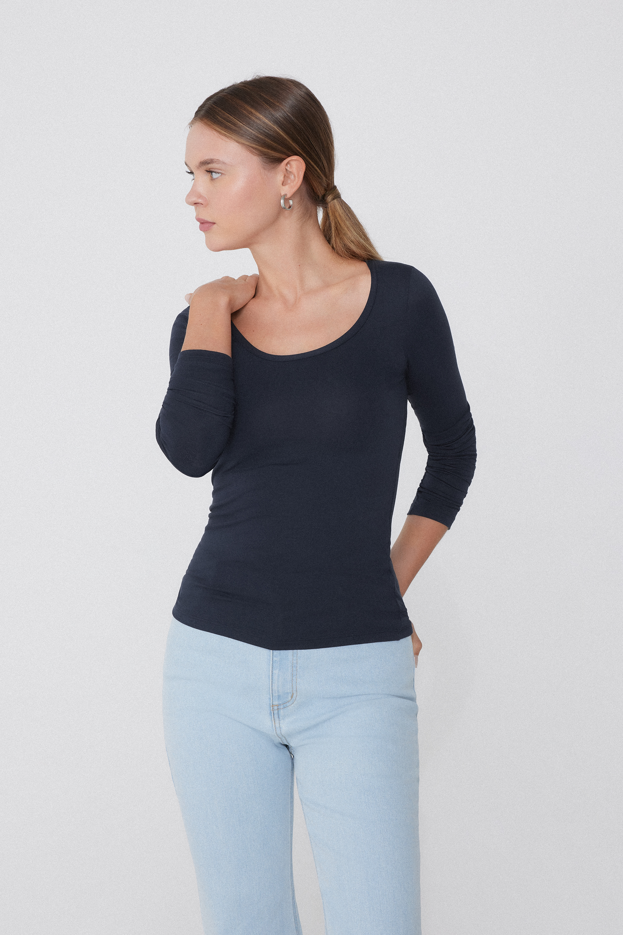 Long Sleeve Viscose Scoop Neck Top