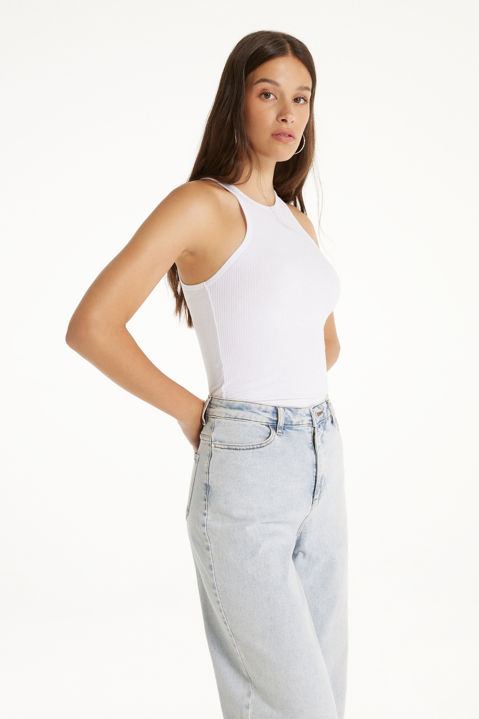 Halterneck Ribbed Cotton Camisole with Wide Shoulder Straps