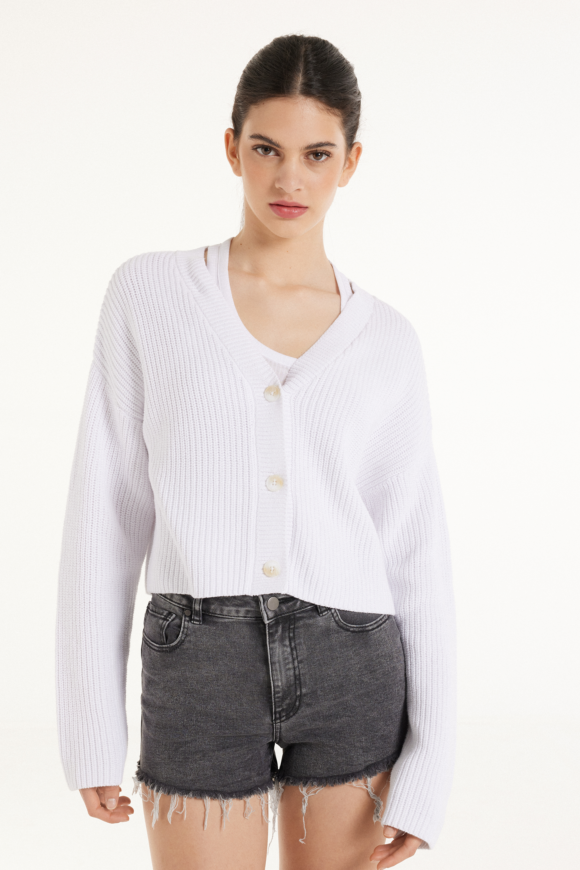 Cardigan Curto Manga Comprida com Botões Canelado - Cardigans e Casacos ...