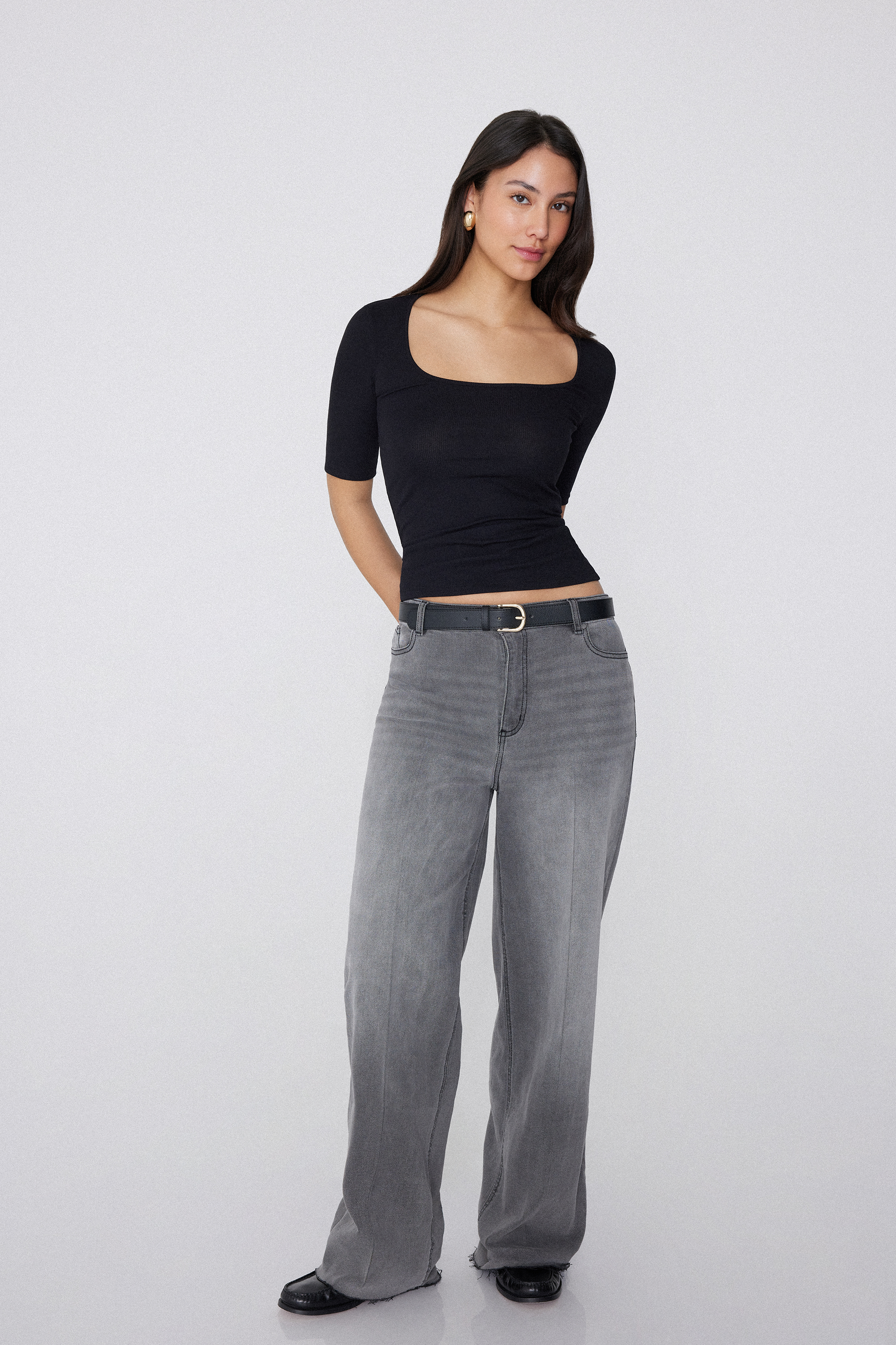 Short-Sleeved Square-Neck Ribbed Cotton Sweater
