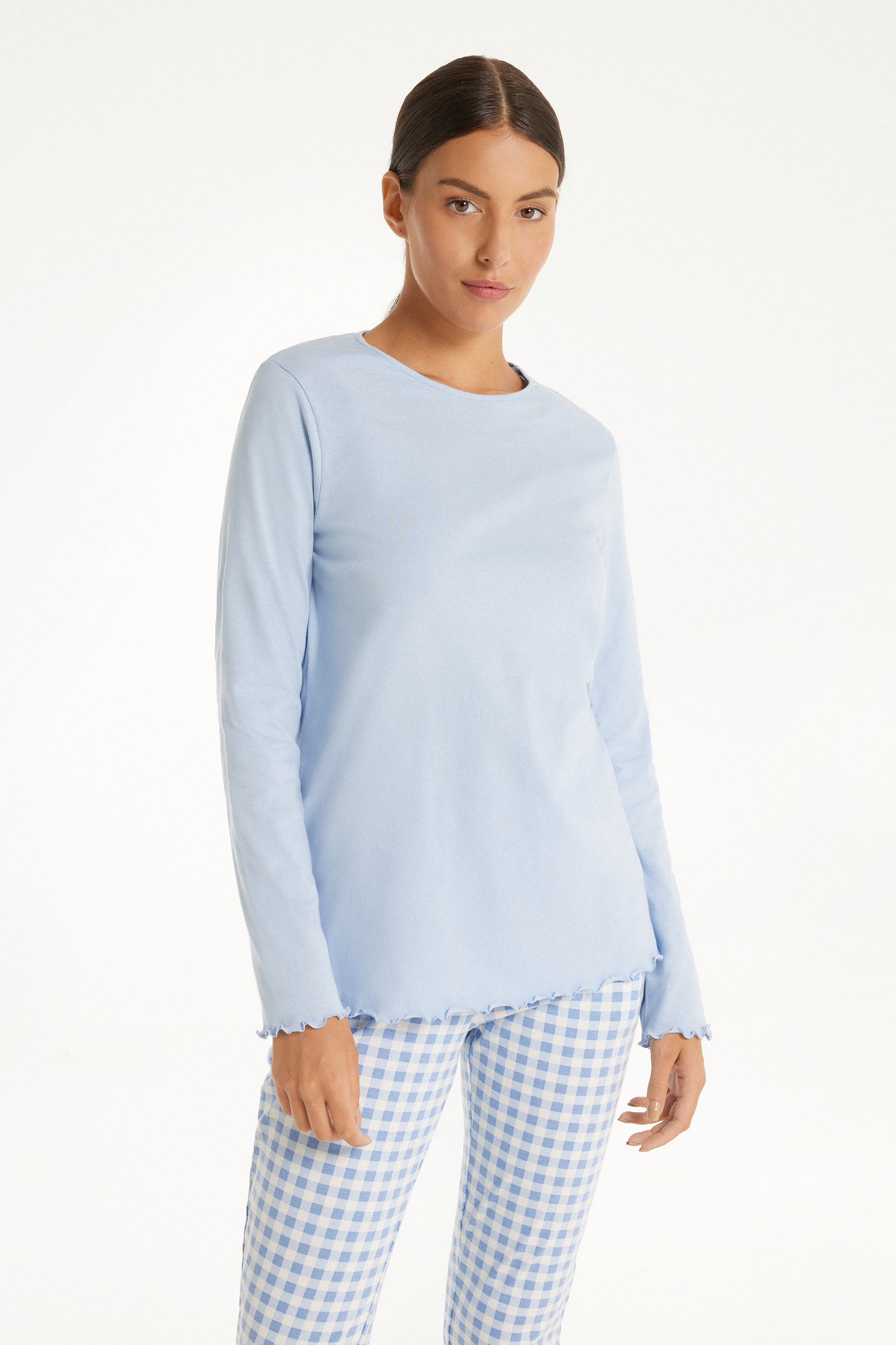 Long Sleeve Cotton Top with Rolled Hem