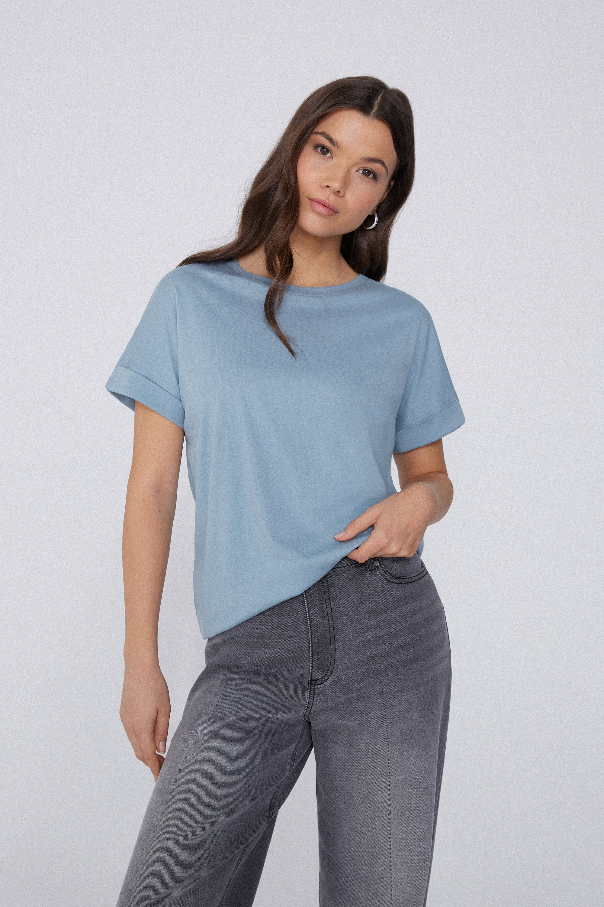 Turned-Up Kimono Sleeve Cotton T-Shirt