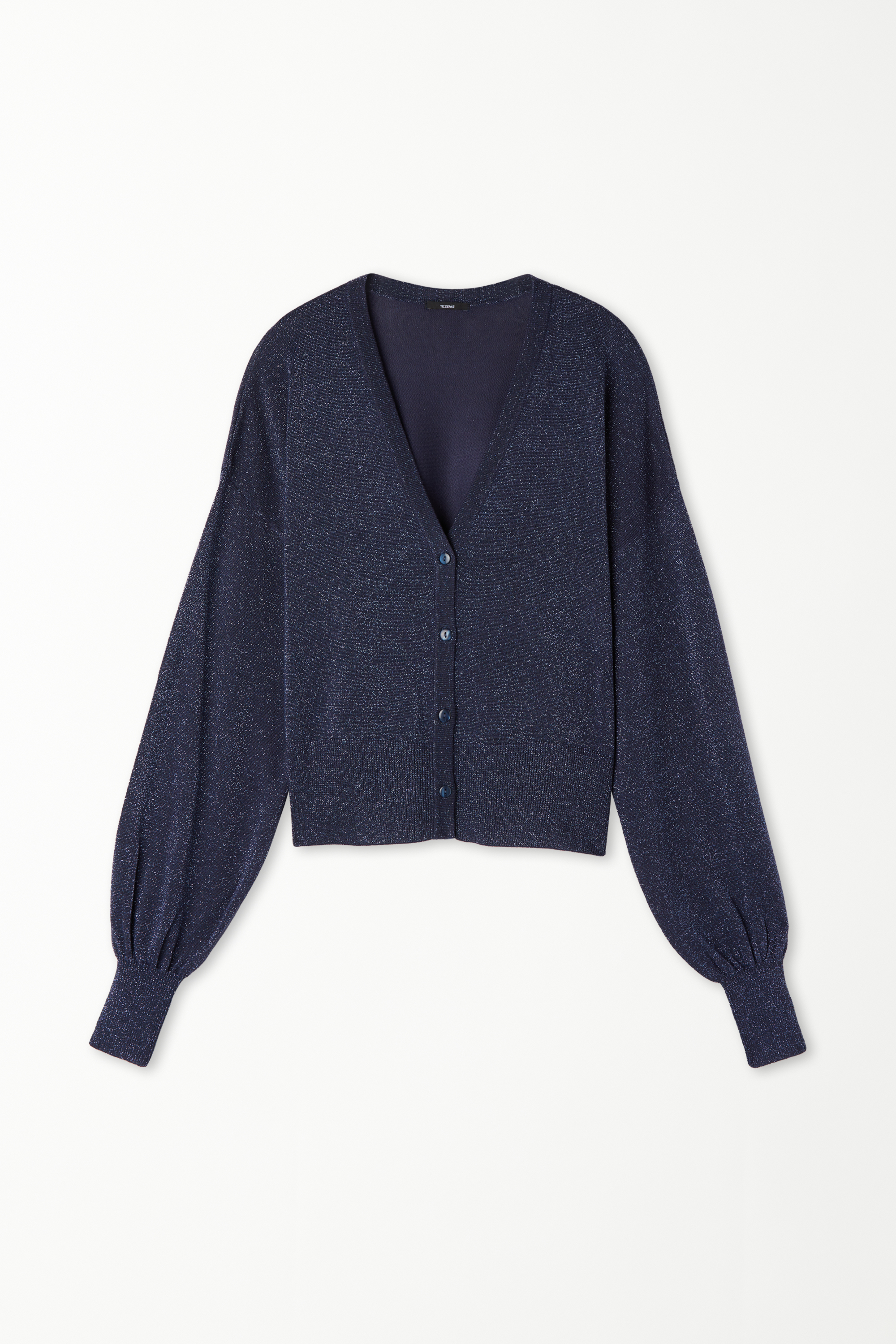 Short Lamé Fabric Cardigan with Long Sleeves and Buttons