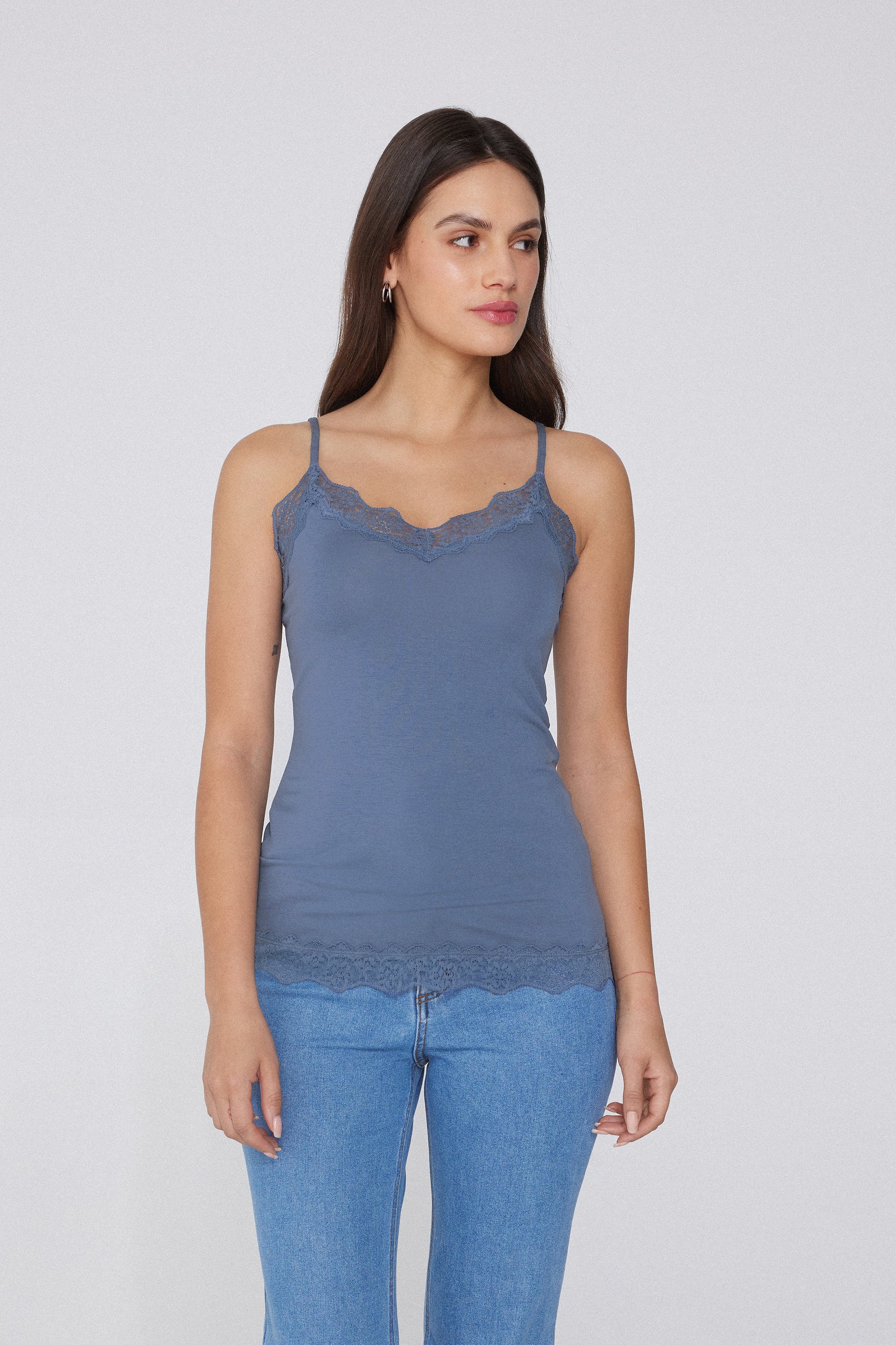 Viscose and Lace Camisole with Thin Shoulder Straps and V-Neck