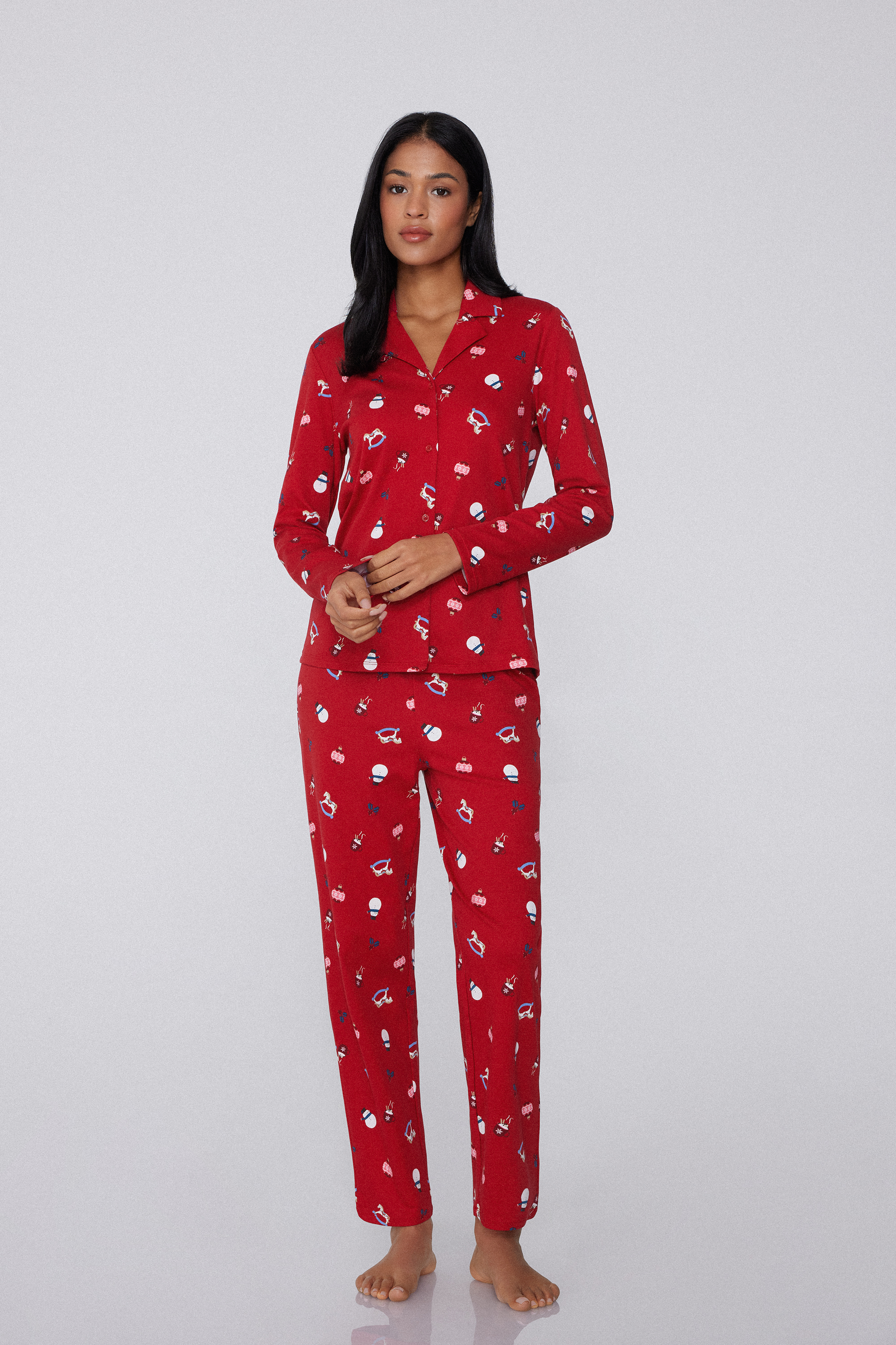 Long Button-Down Brushed Cotton Christmas Pyjamas