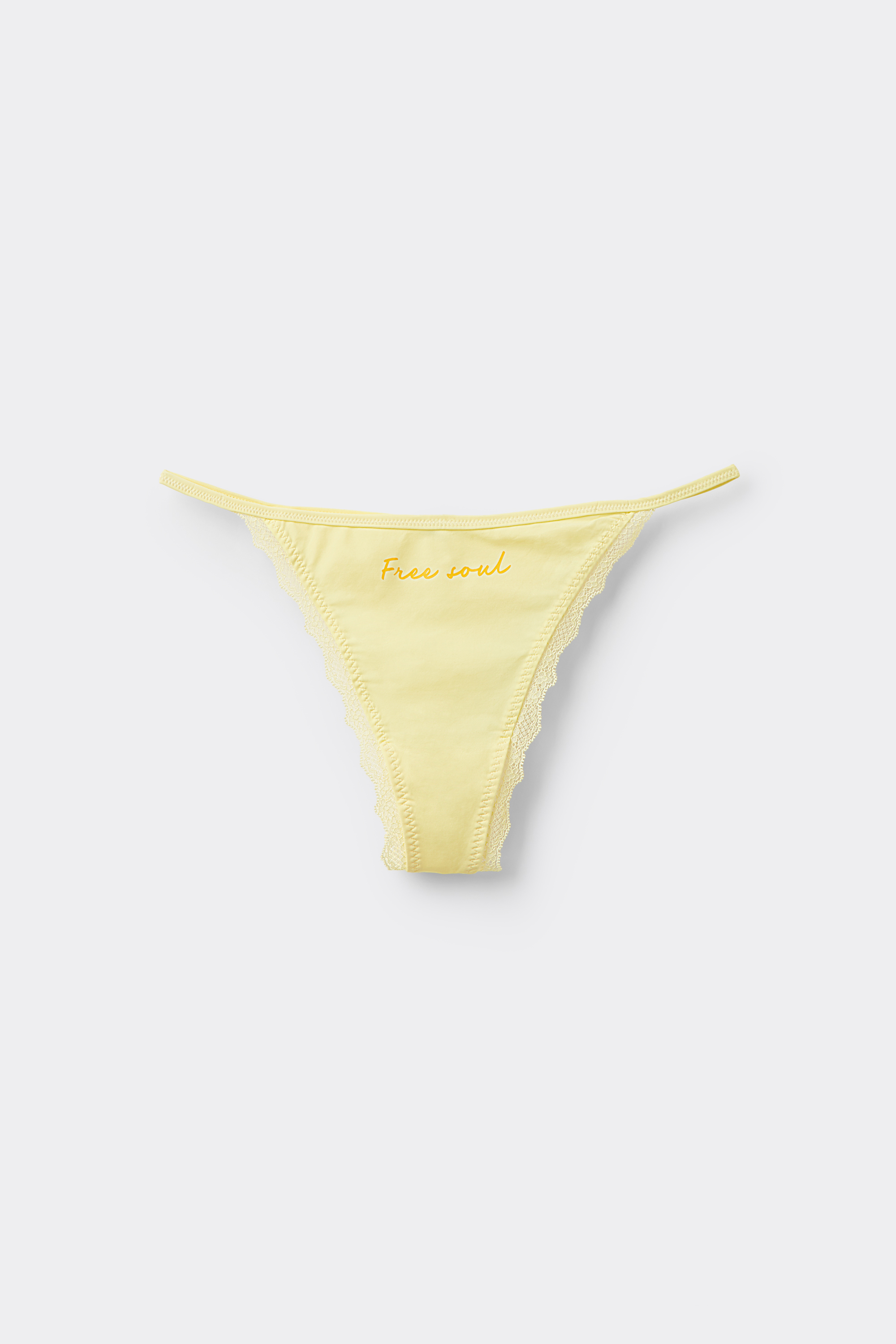 String Brazilian Panties with Lettering and Lace Ruffle