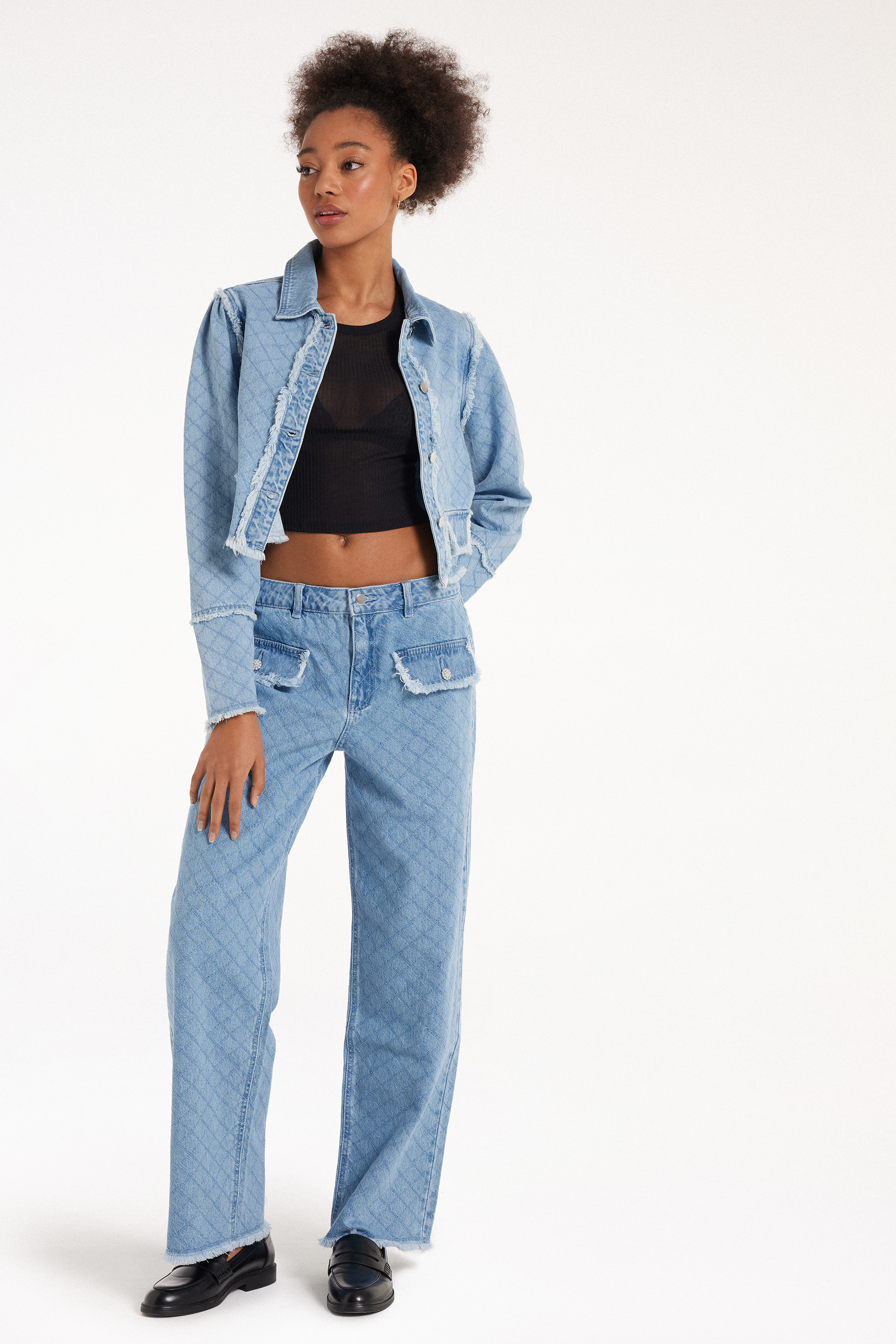 Quilted-Effect Wide Leg Jeans