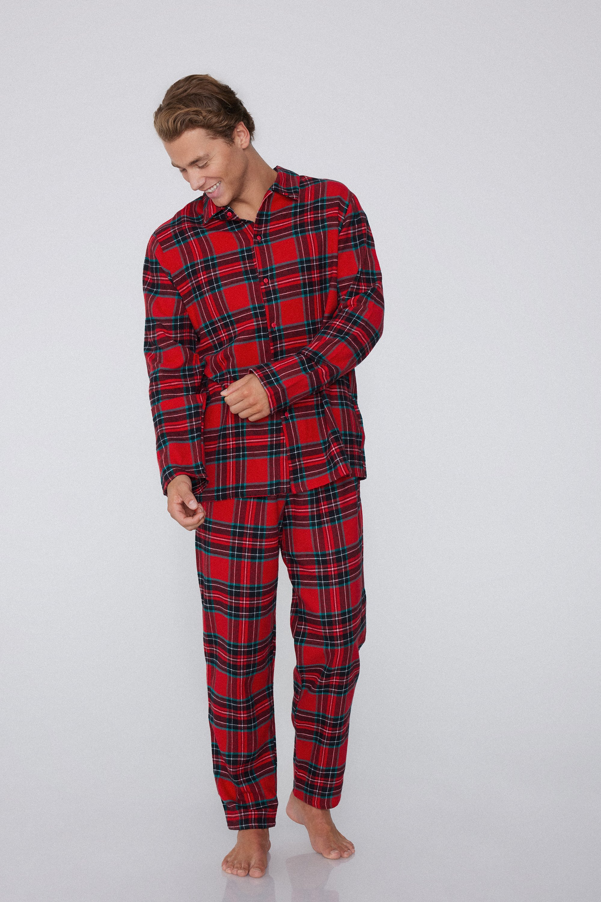 Long Button-Down Tartan Flannel Pyjamas